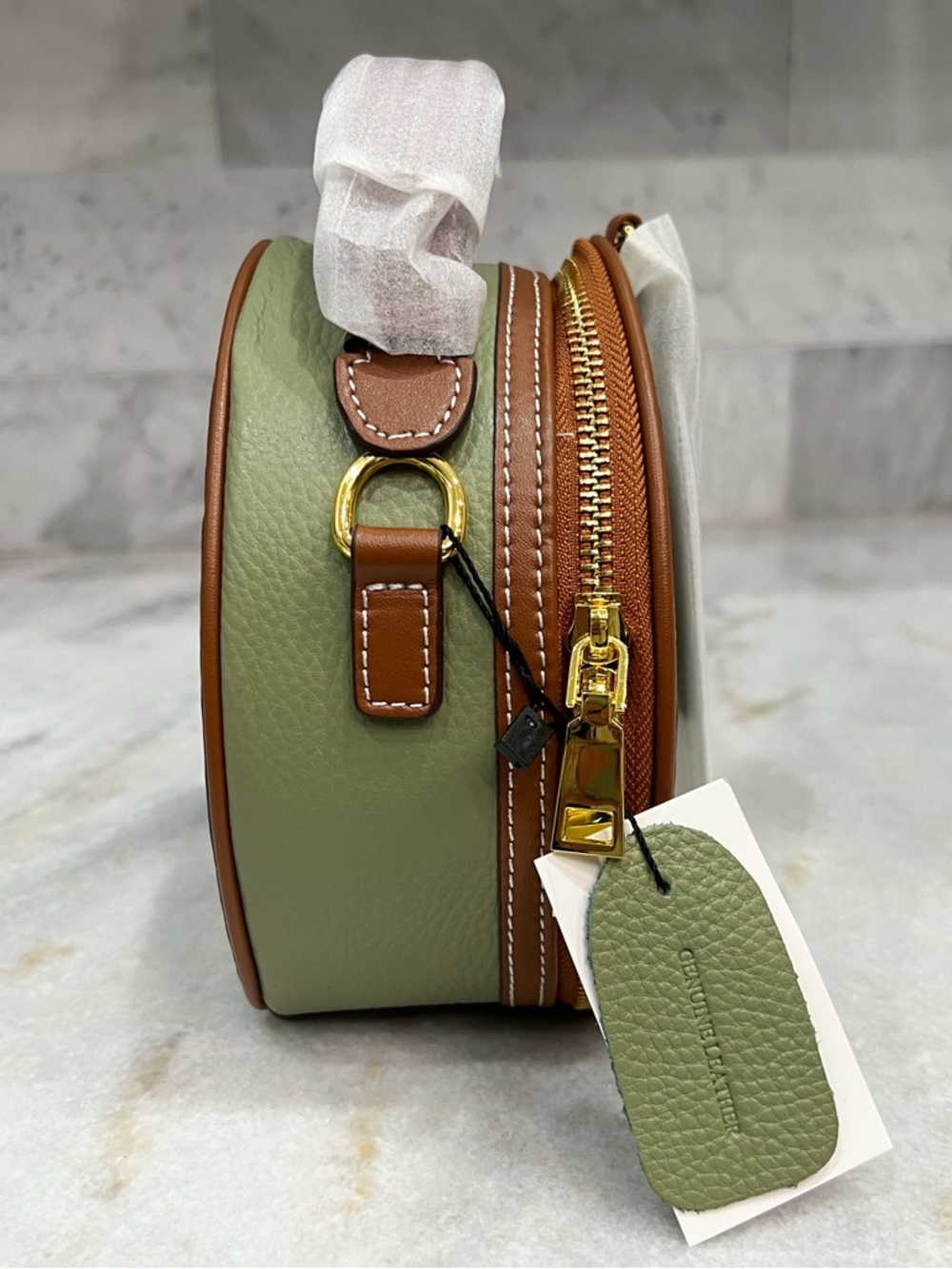 Genuine Pebbled Leather Olive and Tan Round Zippered Crossbody Bag - Picture 4 of 12